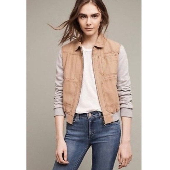 Anthropologie Hei Hei Excursion Collared Bomber Jacket Tan Grey Small - Picture 2 of 15